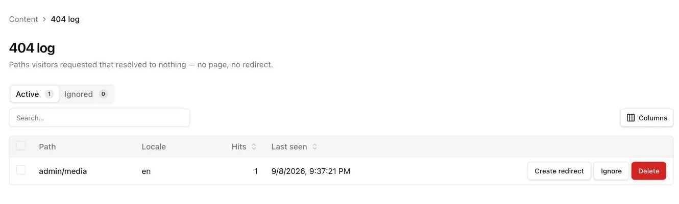 The 404 log: path, hit count and locale per row, with a Create redirect row action
