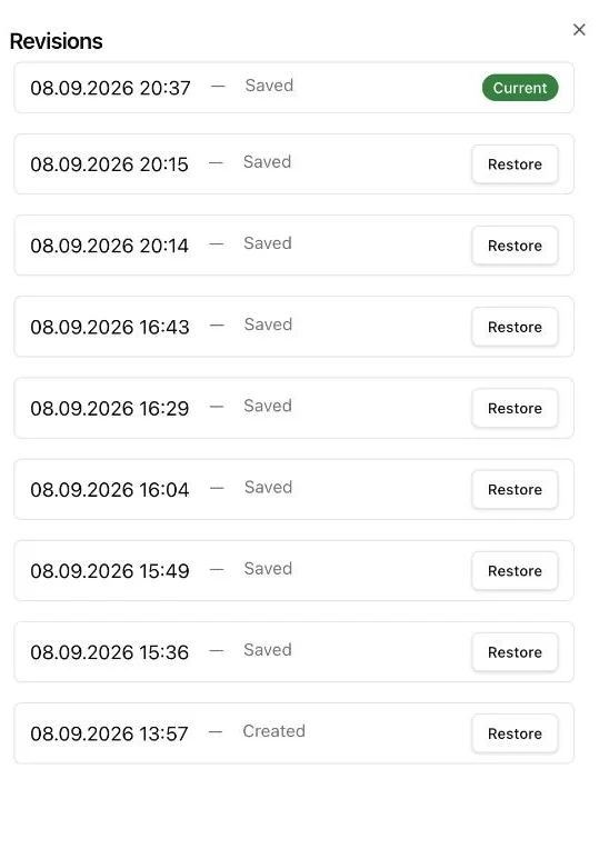 The revisions panel: dated snapshots, each with a Restore button