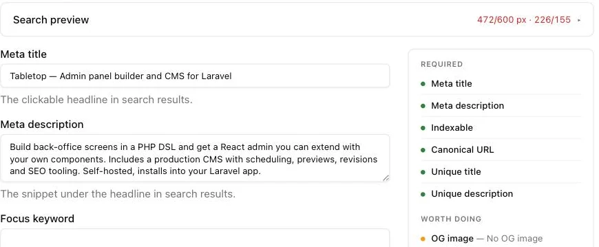 The SEO tab: meta title, description and a required-checks list